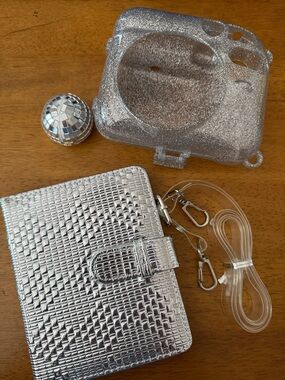 Fujifilm instax mini 12” Silver Glitter Camera Case and accessories